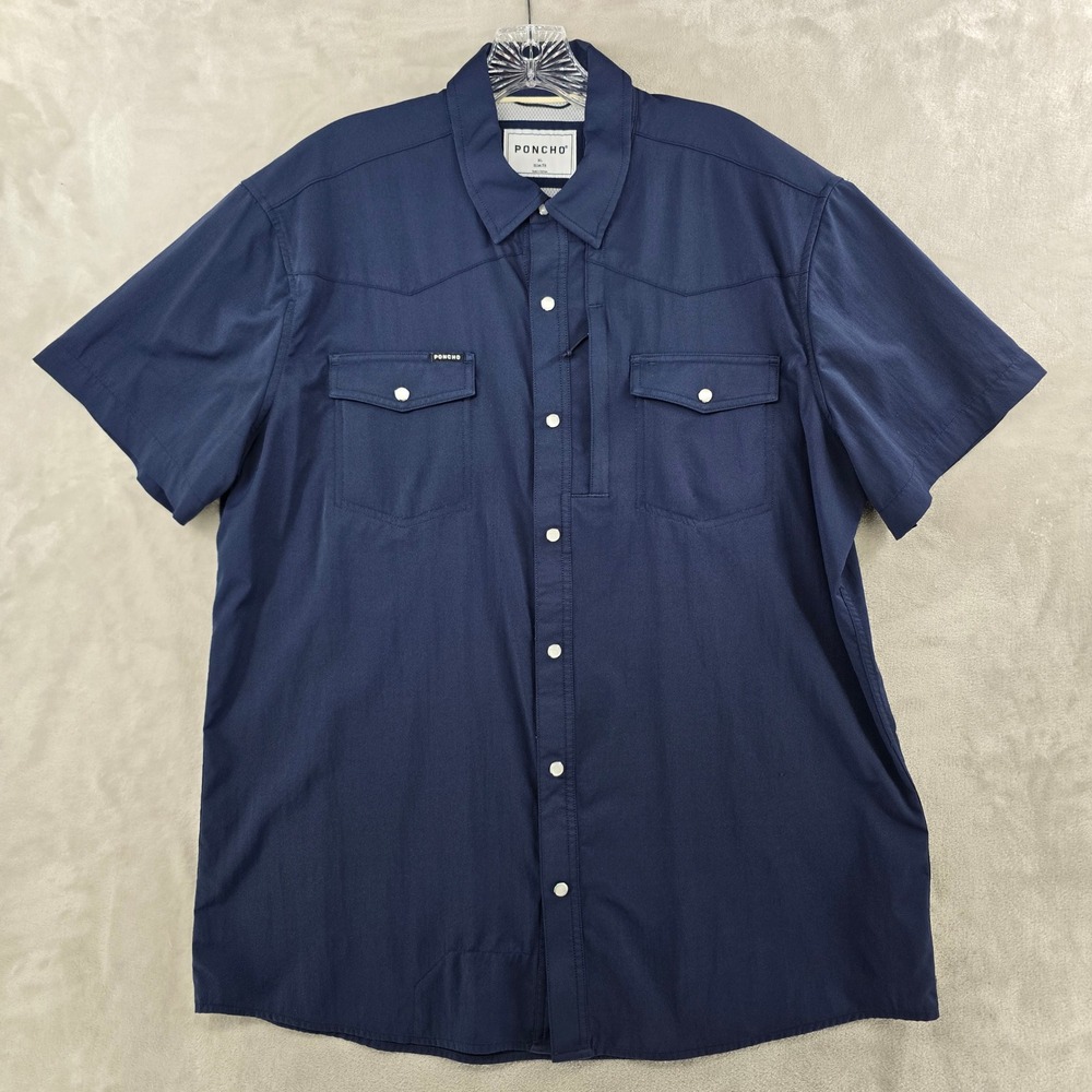 Poncho Western Shirt Mens XL Slim Navy Blue Short Sleeve Pearl Snap Performance